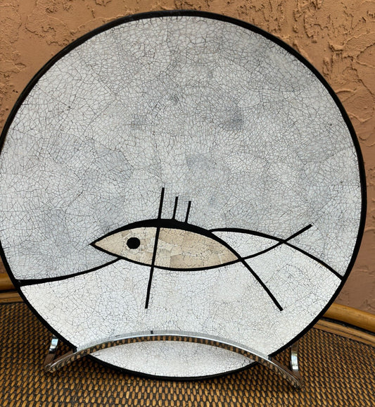 Vintage Large Eggshell Lacquer Low Bowl Modernistic Fish Made in Vietnam 13.5“
