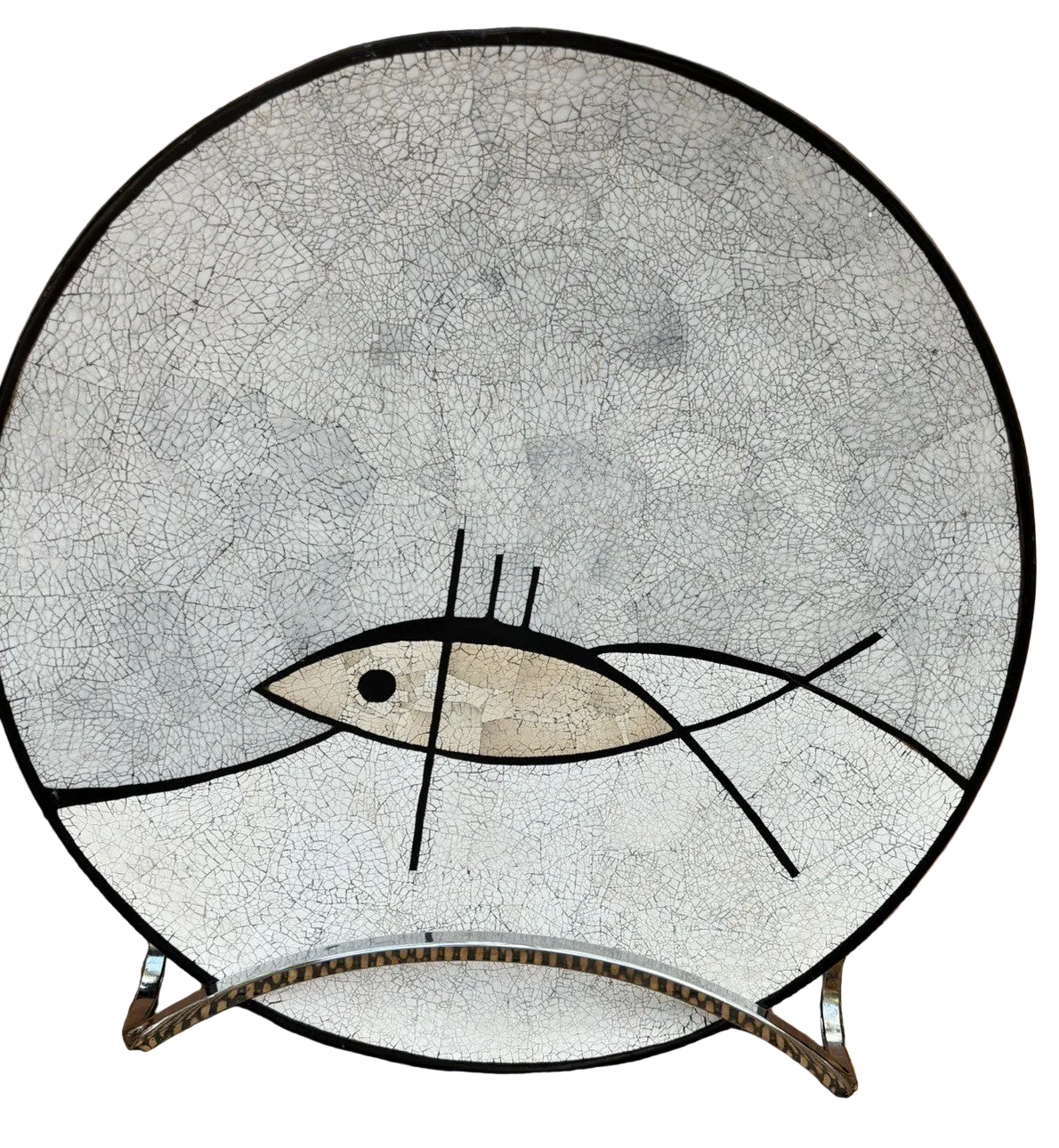 Vintage Large Eggshell Lacquer Low Bowl Modernistic Fish Made in Vietnam 13.5“