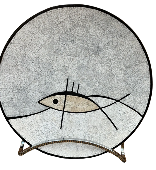 Vintage Large Eggshell Lacquer Low Bowl Modernistic Fish Made in Vietnam 13.5“